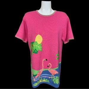 Quacker Factory Ramie Knit Tropical Pink Flamingo Short Sleeve Sweater Medium